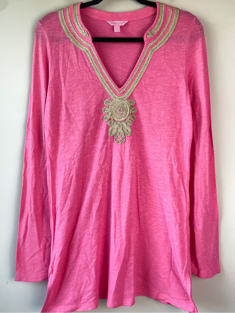 Lilly Pulitzer Womens Emerson Tunic Top M Hotty Pink Gold Embroidered V Neck